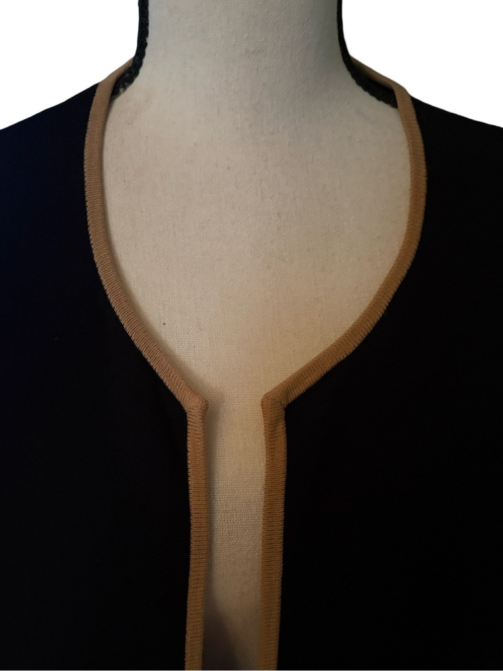 Talbots Black Open-Front Long Cardigan with Beige Trim - Picture 6 of 10